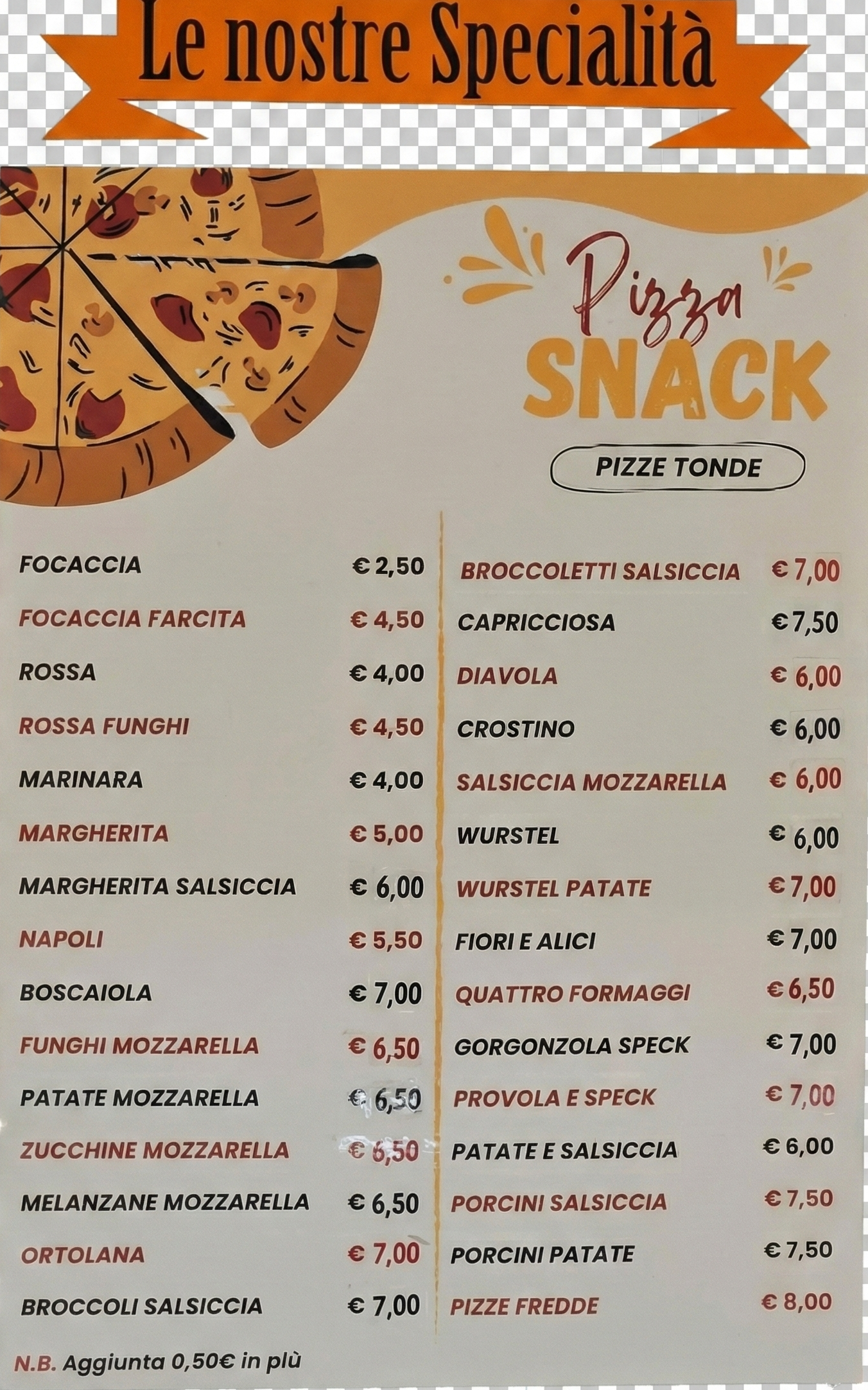 Menu pizza snack