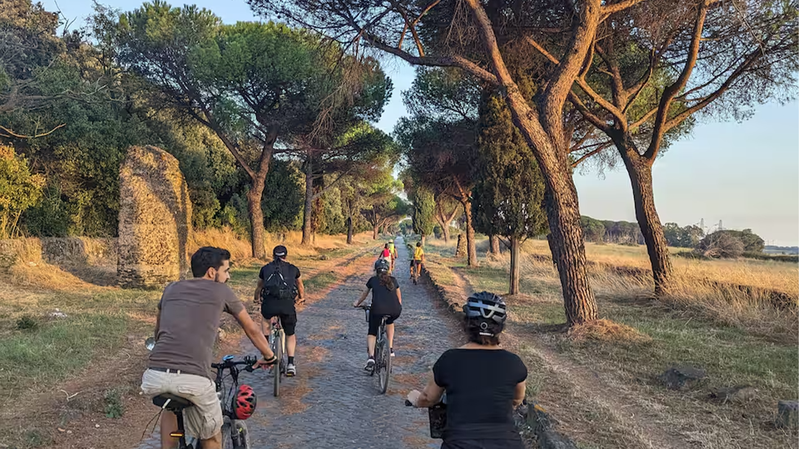 Ciclisti in compagnia con biciclette elettriche tra i pini marittimi dell'Appia Antica